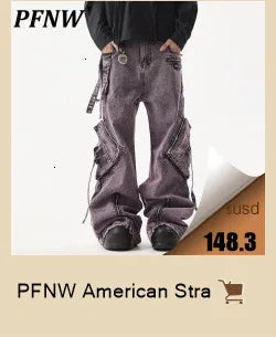 PFNW Summer Men's American High Street Multi Pocket Wide Leg Jeans Loose Hip Hop Straight Techwear Denim Handsome Pants 12Z1496