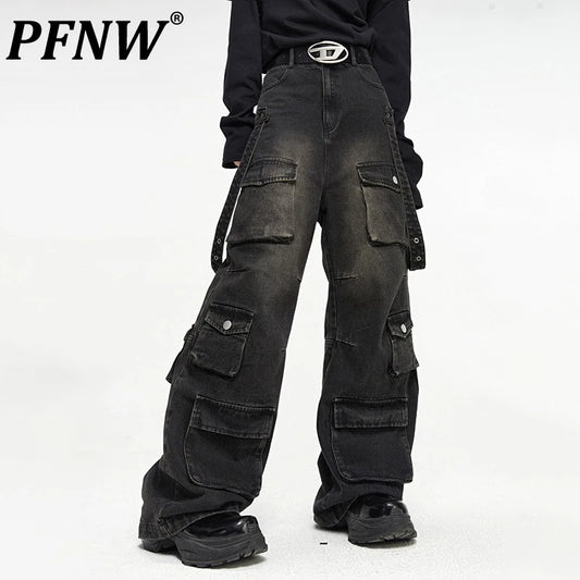 PFNW Summer Men's American High Street Multi Pocket Wide Leg Jeans Loose Hip Hop Straight Techwear Denim Handsome Pants 12Z1496