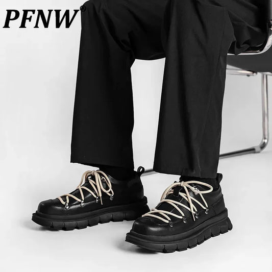 PFNW Niche Colorblock Lace-up Design Black Shoes Men's Spring 2025 New Height Increasing Low-top Men's Boots High Street 28W5767