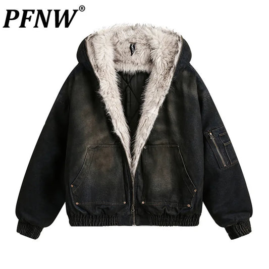 PFNW Menswear Thickened Denim Quilted Padded Jackets Autumn Winter Trend 2024 New Oversized Fur Collar Hooded Cotton-padded Coat