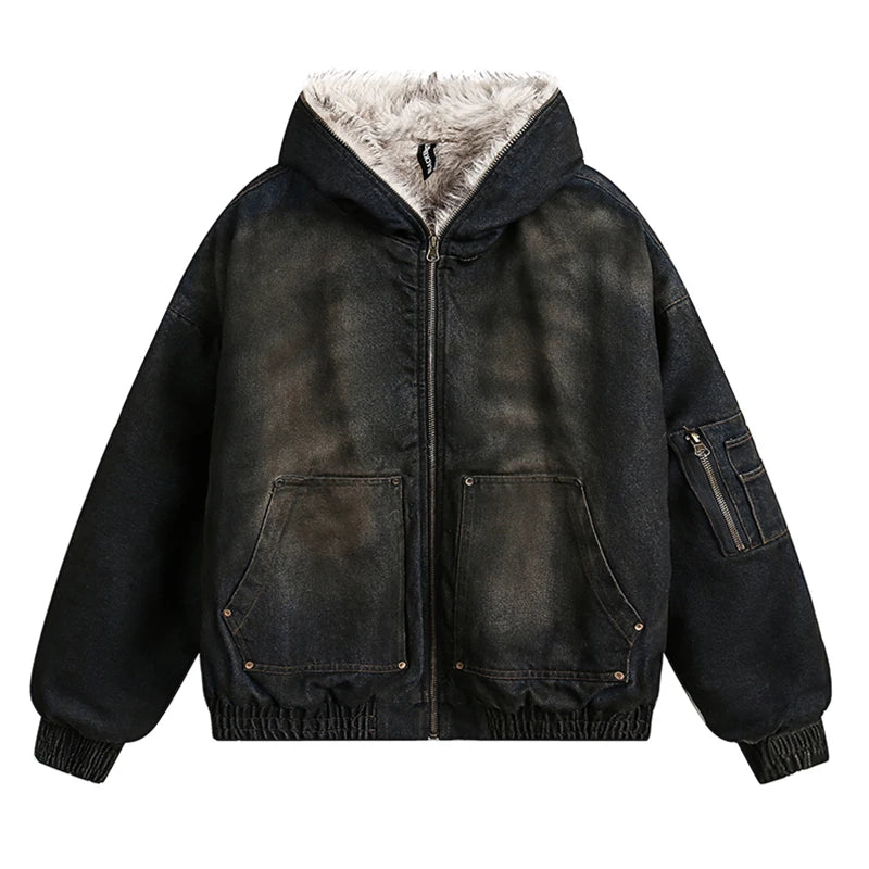 PFNW Menswear Thickened Denim Quilted Padded Jackets Autumn Winter Trend 2024 New Oversized Fur Collar Hooded Cotton-padded Coat