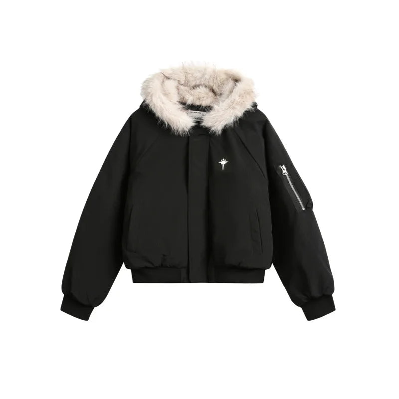 PFNW Unisex Winter Warm Fur Collar Hooded Quilted Padded Jacket 2024 Trend New Brown Loose Causal Short Style Cotton-padded Coat