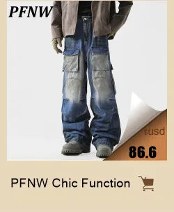 PFNW Summer Men's American High Street Multi Pocket Wide Leg Jeans Loose Hip Hop Straight Techwear Denim Handsome Pants 12Z1496