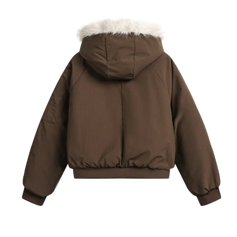 PFNW Unisex Winter Warm Fur Collar Hooded Quilted Padded Jacket 2024 Trend New Brown Loose Causal Short Style Cotton-padded Coat